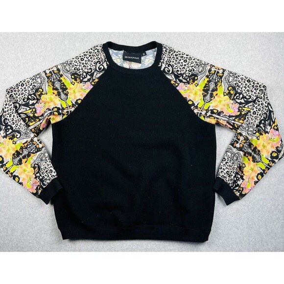 MINKPINK Womens M Black Crewneck Pullover Printed Sleeve Sweatshirt Trendy Top - Picture 3 of 15